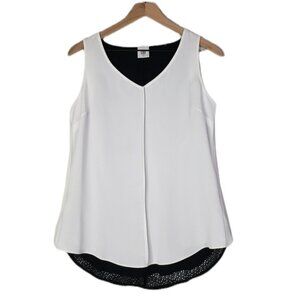 Cabi Domino Sleeveless Blouse‎ S White Crepe Black Mesh Back Top Layered #3076